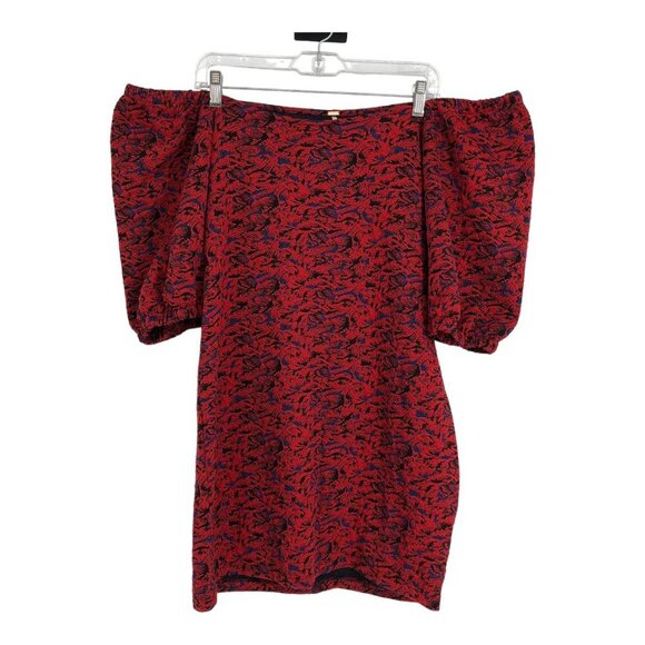 Free People red  & blue metallic Sunset puff sleeve cold shoulder mini dress L - Picture 3 of 16